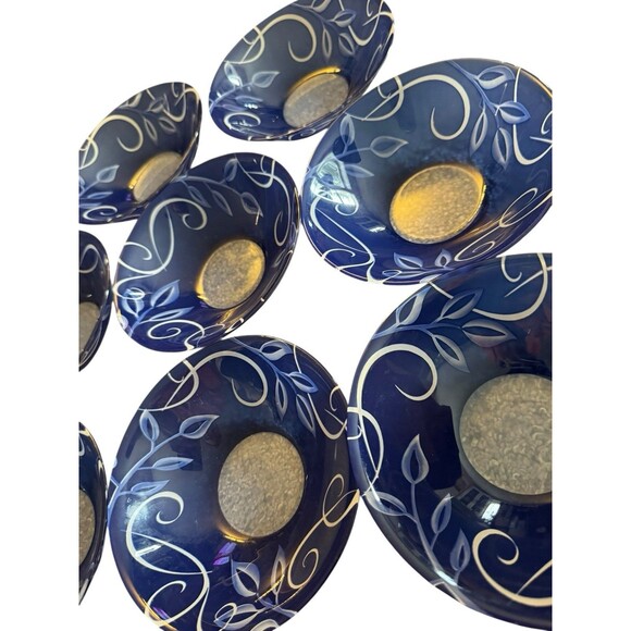 Arcoroc France Salad Bowls Tempered Glass Cobalt Blue Vines Leaves 6.5” Set 8 - Picture 3 of 10